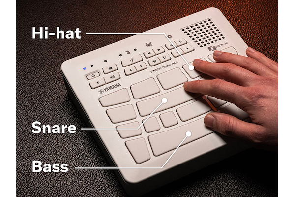 FGDP and a hand. Diagram indicating Hi-hat, Snare, Bass pad location