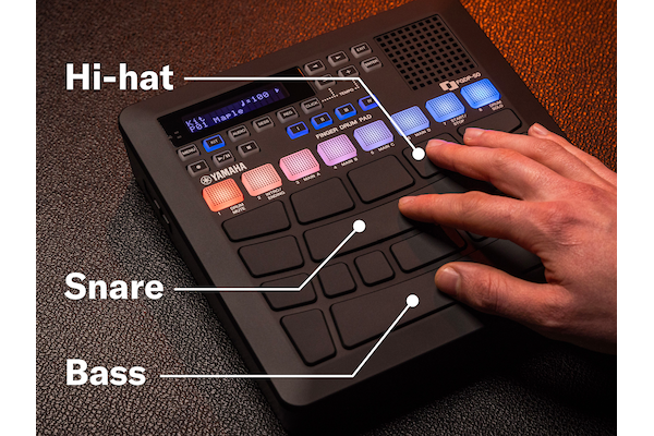 FGDP and a hand. Diagram indicating Hi-hat, Snare, Bass pad location