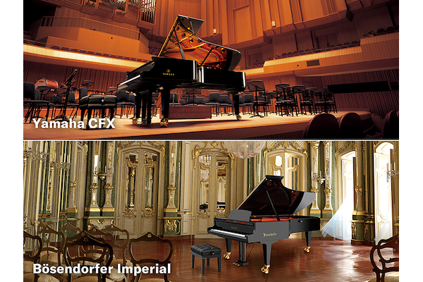 A photo of Yamaha’s CFX concert grand piano and the Bösendorfer imperial