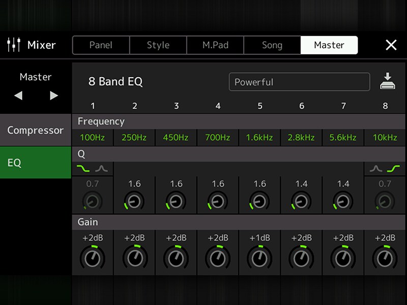Pantalla de Master EQ de la estación de trabajo de arreglos Yamaha PSR-SX920/720+