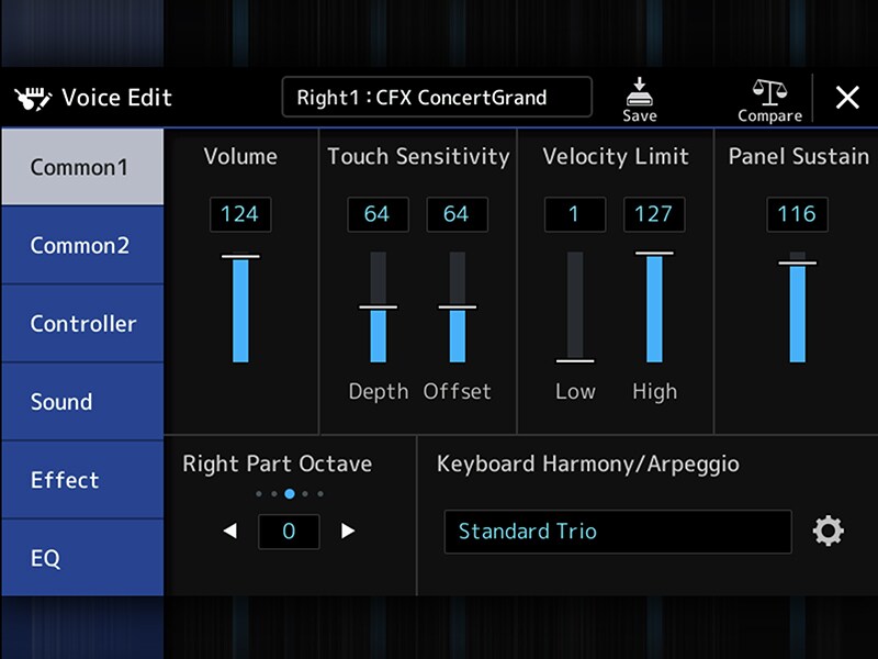 Pantalla Voice Edit de la estación de trabajo de arreglos Yamaha PSR-SX920/720+