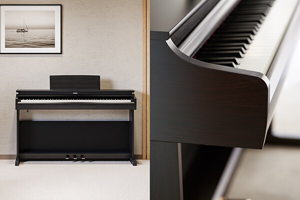 Un piano ARIUS que se integra bien en las salas de estar, y las curvas en los detalles del diseño