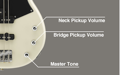 Close-up of Master Tone, Neck Pickup Volume, and Bridge Pickup Volume knobs