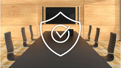 Ilustración de una sala de reuniones segura con un ícono de seguridad, que representa la seguridad empresarial y la gestión inteligente.