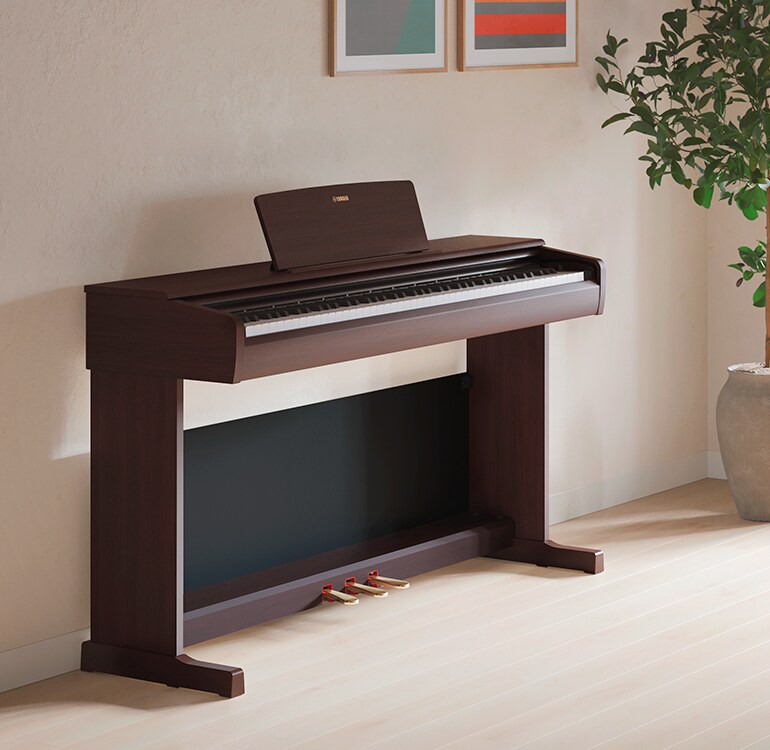 Una sala de estar que cuenta con un piano ARIUS, plantas de interior y un sofá, armoniosamente integrados con la decoración