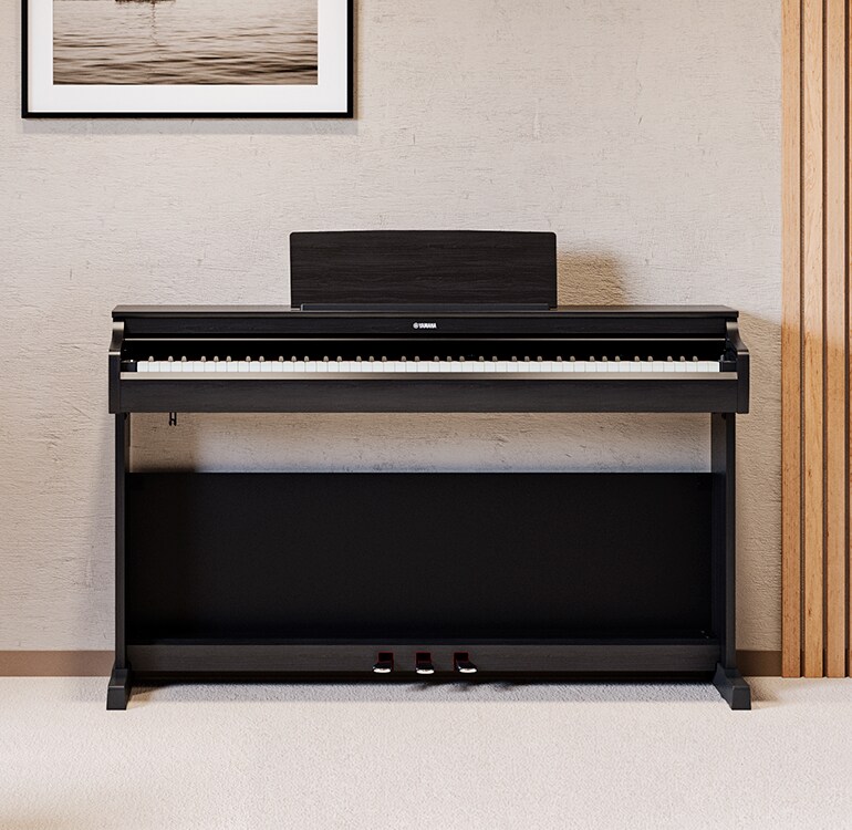 Una sala de estar que cuenta con un piano ARIUS color negro con plantas de interior y un sofá, armoniosamente integrado con la decoración