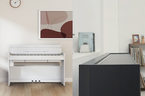 Un piano ARIUS integrado en la decoración de la sala de estar, y un piano ARIUS con un diseño más plano y compacto gracias a que su tapa está cerrada