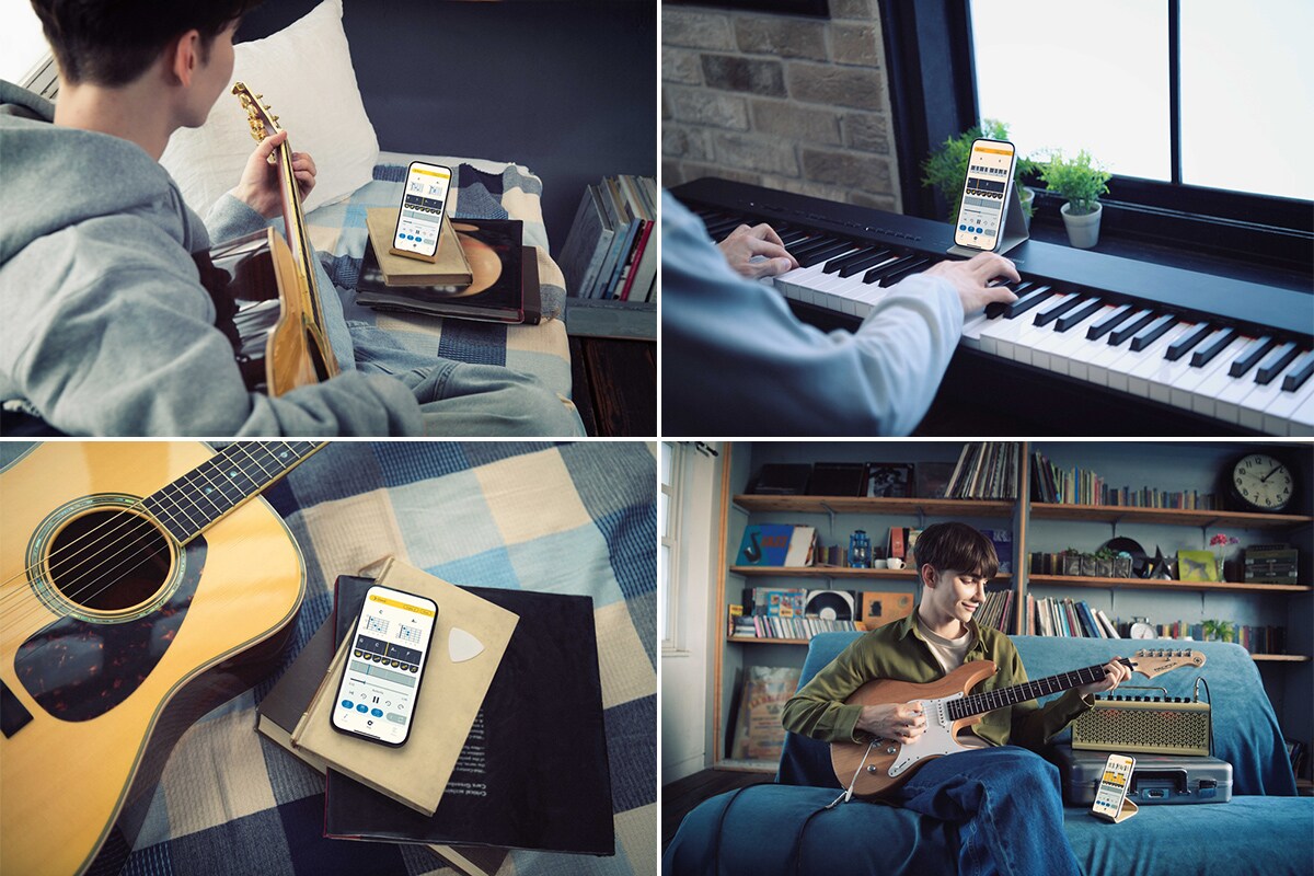 Relajáte en casa mientras usas Extrack con instrumentos como una guitarra o un piano en diversos escenarios