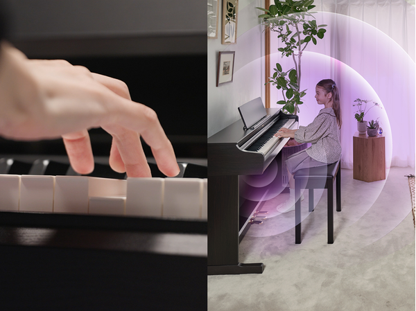 El tacto expresivo del nuevo teclado ARIUS y las ondas sonoras que se expanden desde un piano ARIUS en una sala de estar