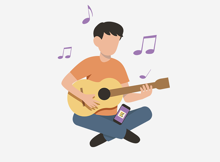 Un hombre usando la app de práctica musical Extrack para practicar con diagramas de acordes