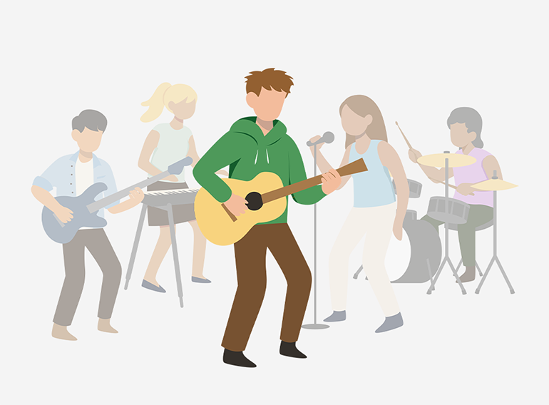 Un hombre disfrutando el uso de la app de práctica musical Extrack para improvisar con otros instrumentos