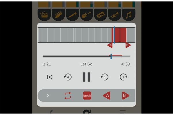 Captura de pantalla de los ajustes como la reproducción en loop, el ajuste de tempo y los cambios de tonalidad