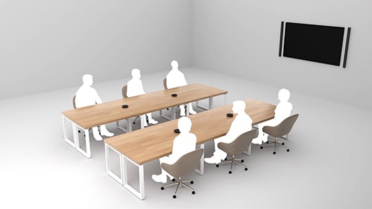 Illustration showing six person having meeting in a room with two separated long tables