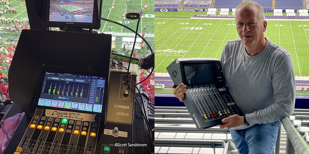 Dos imágenes: a la izquierda, se muestra una consola de mezcla Yamaha DM3 instalada en una cabina de transmisión de un estadio de la NCAA; a la derecha, Scott Sandstrom sostiene una consola de mezcla digital Yamaha DM3 en un estadio con el campo de fútbol visible al fondo